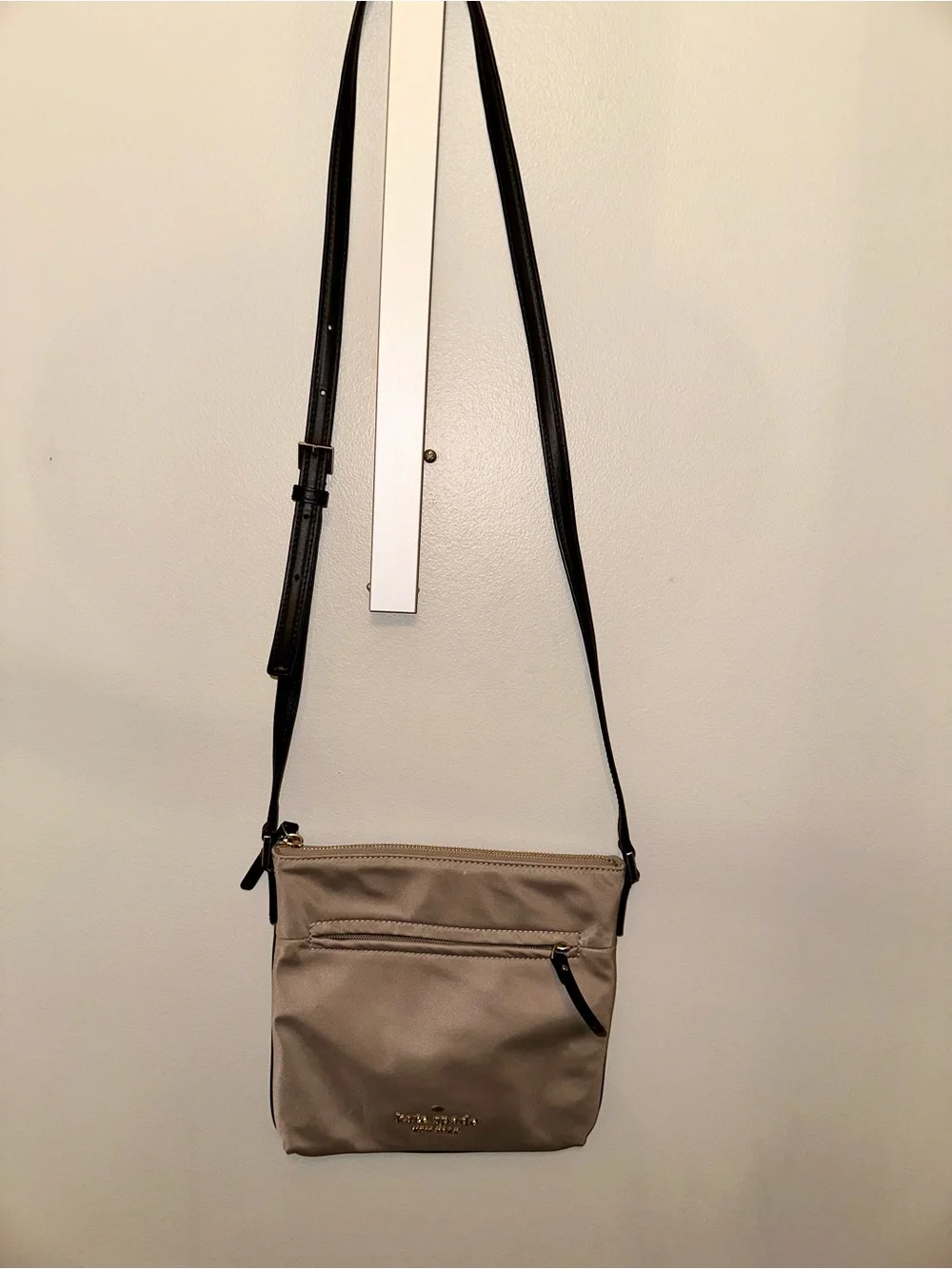 Kate Spade Pewter Gray Nylon Crossbody Bag Black Leather